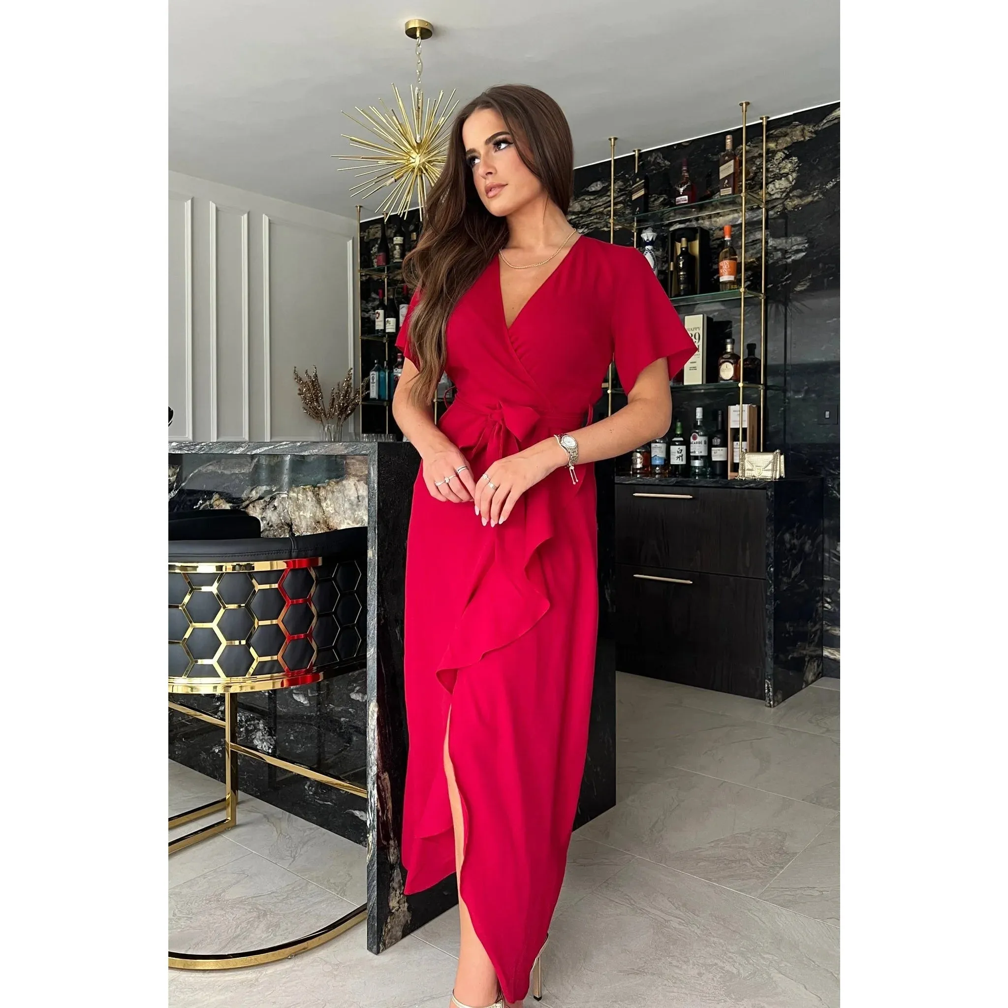 Red Thigh Spilt Deep V Wrap Dress With Waterfall Skirt