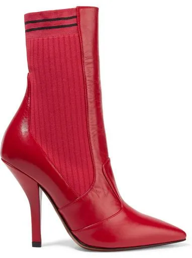 'Rockoko' Ribbed Stretch-Knit and Leather Sock Boots, Red