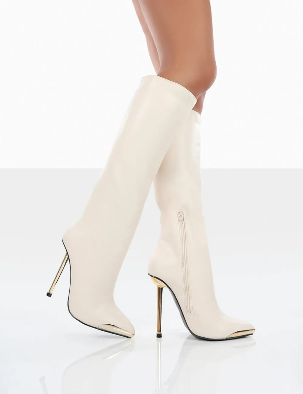 Tala Ecru PU Pointed Toe Stiletto Heel Knee High Boots