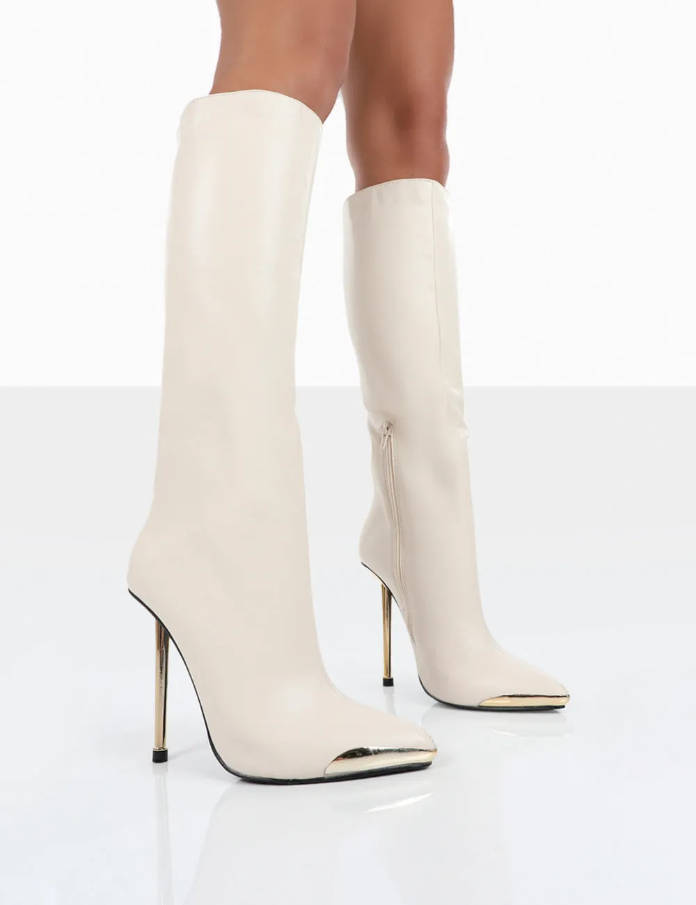 Tala Ecru PU Pointed Toe Stiletto Heel Knee High Boots