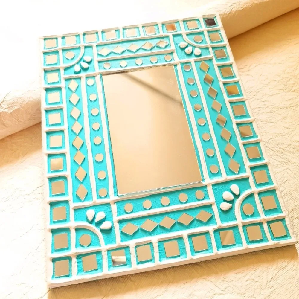 Turquoise Handcrafted Mud & Mirror Work Wall Mirror