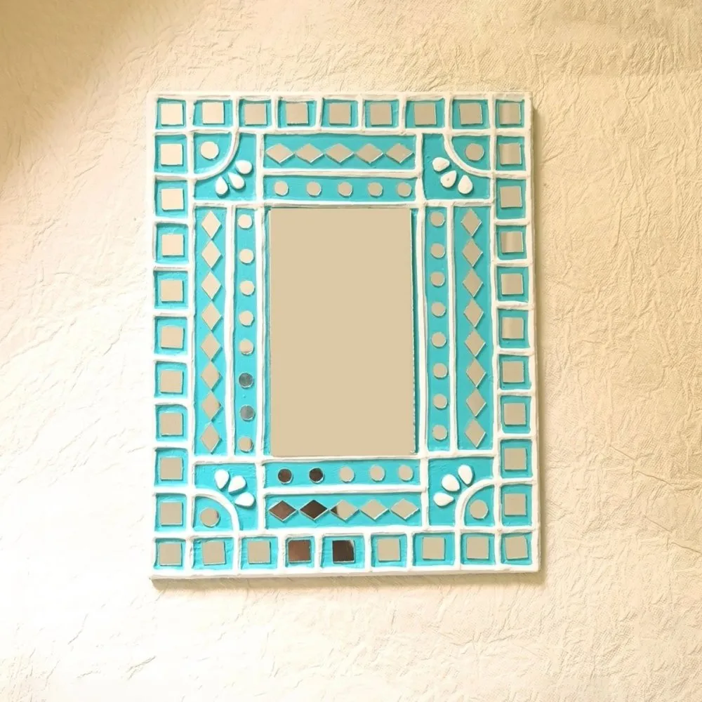 Turquoise Handcrafted Mud & Mirror Work Wall Mirror